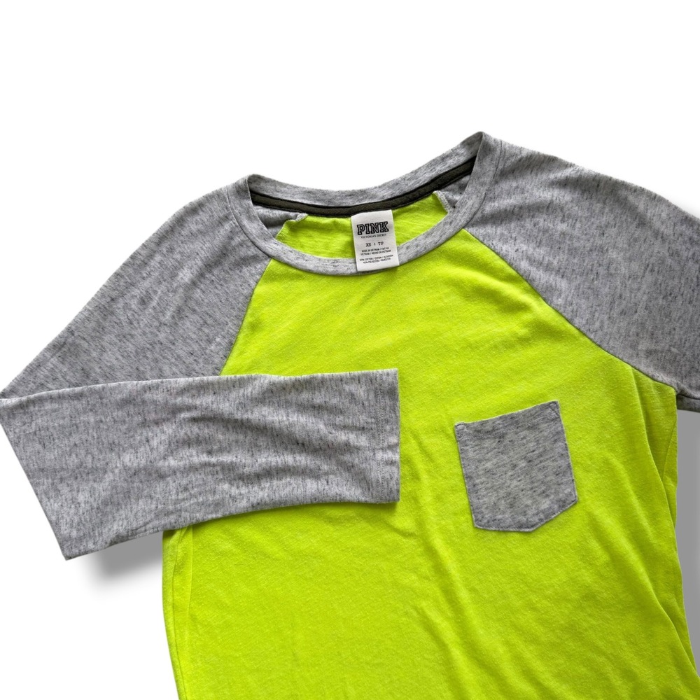 Victoria's Secret PINK Womens XS Neon Yellow Gray Raglan Tee Pocket Baseball Top